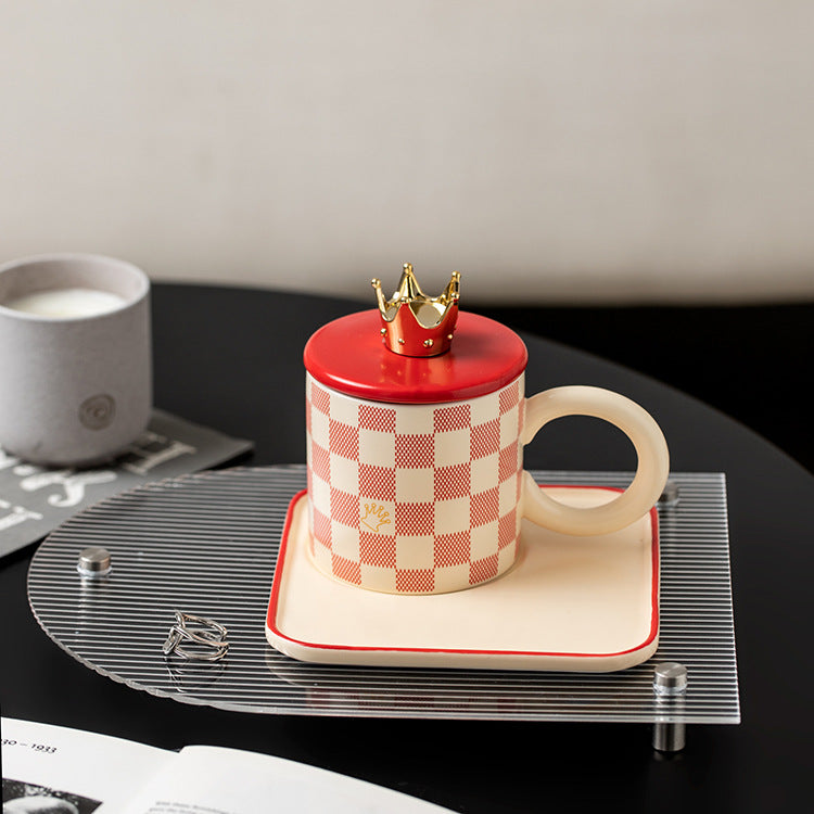 Checkerboard Ceramic Coffee Cup And Saucer With Lid