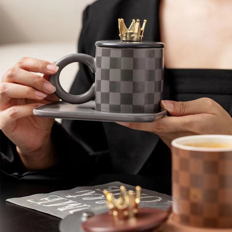 Checkerboard Ceramic Coffee Cup And Saucer With Lid