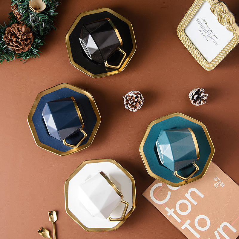Irregular Diamond-Shaped Gold-Rim Matte Ceramic Coffee Mug And Saucer