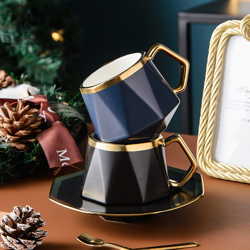 Irregular Diamond-Shaped Gold-Rim Matte Ceramic Coffee Mug And Saucer