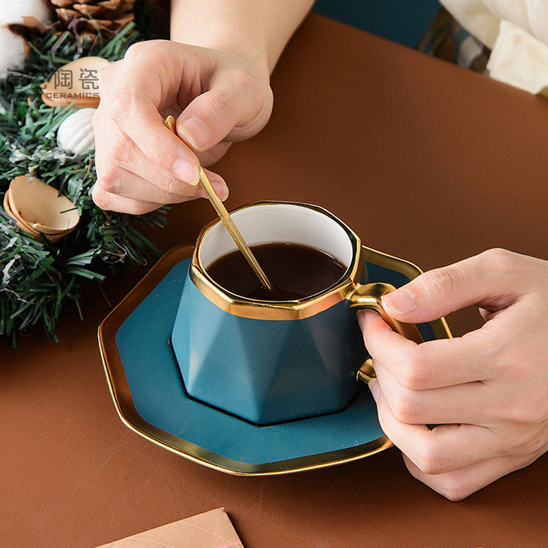 Irregular Diamond-Shaped Gold-Rim Matte Ceramic Coffee Mug And Saucer