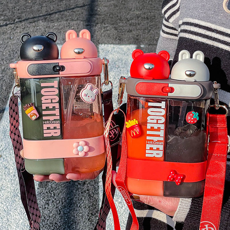 Cute Water Bottles with Straw and Stickers Double Drinking Water Bottle Portable Leakproof Sports Water Bottle for Outdoor Sports Travel