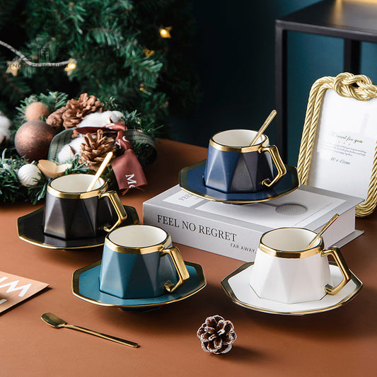 Irregular Diamond-Shaped Gold-Rim Matte Ceramic Coffee Mug And Saucer