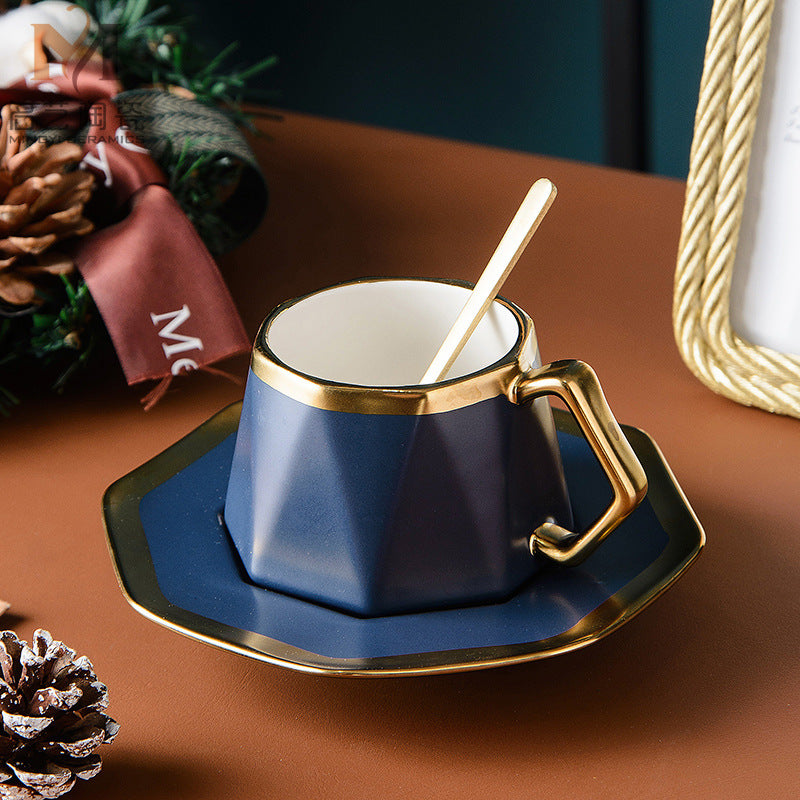 Irregular Diamond-Shaped Gold-Rim Matte Ceramic Coffee Mug And Saucer