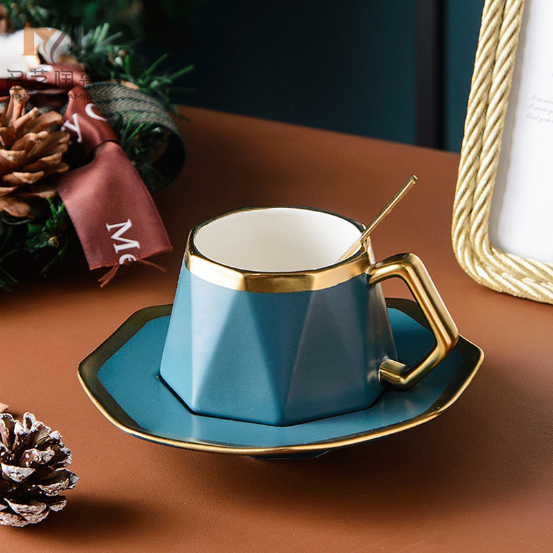 Irregular Diamond-Shaped Gold-Rim Matte Ceramic Coffee Mug And Saucer