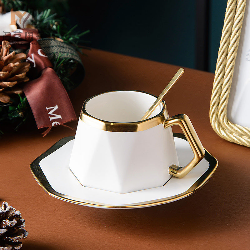 Irregular Diamond-Shaped Gold-Rim Matte Ceramic Coffee Mug And Saucer