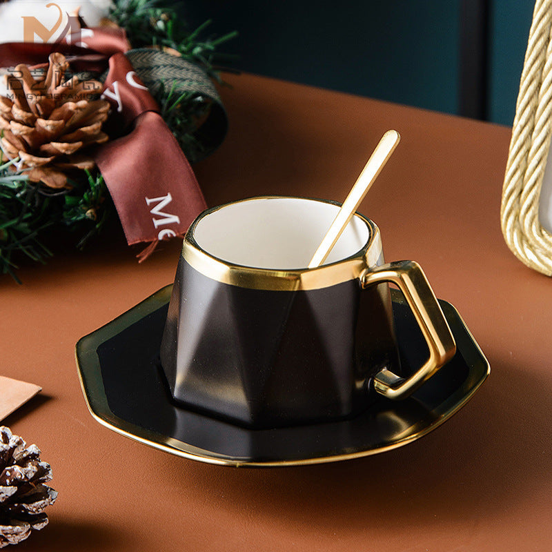 Irregular Diamond-Shaped Gold-Rim Matte Ceramic Coffee Mug And Saucer