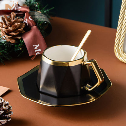 Irregular Diamond-Shaped Gold-Rim Matte Ceramic Coffee Mug And Saucer