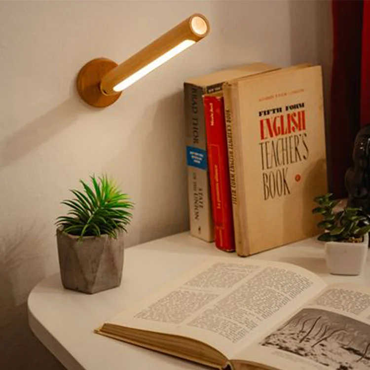 360° Rotatable Wooden LED Wall Lamp - Magnetic Detachable & Stepless Dimming Rechargeable Wall Light