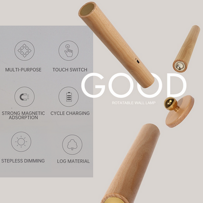 360° Rotatable Wooden LED Wall Lamp - Magnetic Detachable & Stepless Dimming Rechargeable Wall Light