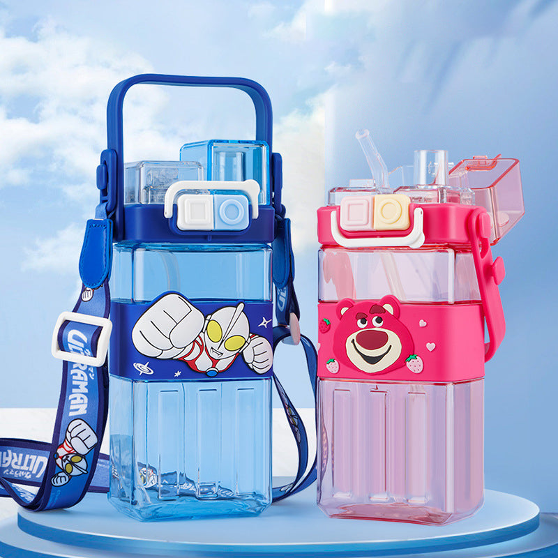 Children'S Square With Straw Cute Water Bottle Portable Outdoor Travel Water Bottle