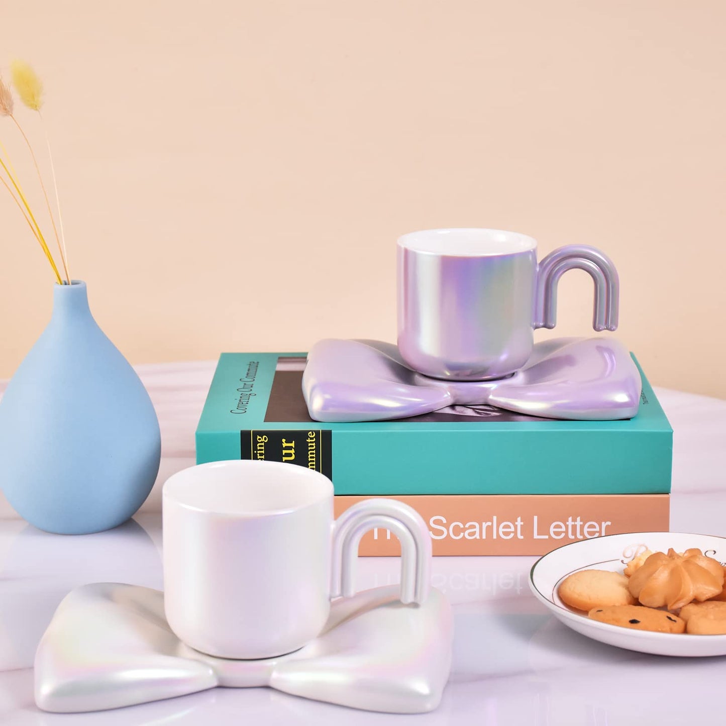 Bow Design Ceramic Coffee Mug And Saucer
