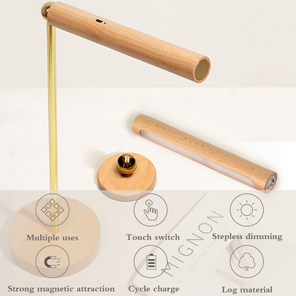 Multi-purpose Wooden Desk Lamp - 360° Rotatable & Magnetic Detachable Touch Dimming USB Night Light