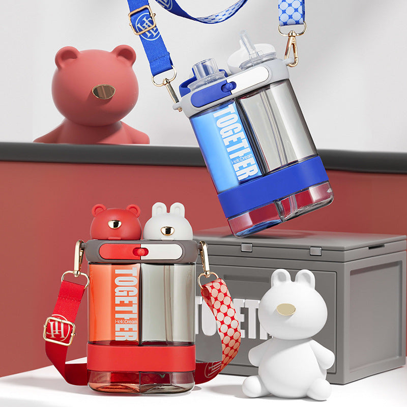 Cute Water Bottles with Straw and Stickers Double Drinking Water Bottle Portable Leakproof Sports Water Bottle for Outdoor Sports Travel