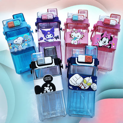 Children'S Square With Straw Cute Water Bottle Portable Outdoor Travel Water Bottle