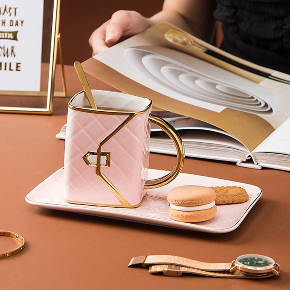 Handbag-Shaped Creative Mug With Saucer & Spoon