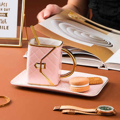 Handbag-Shaped Creative Mug With Saucer & Spoon