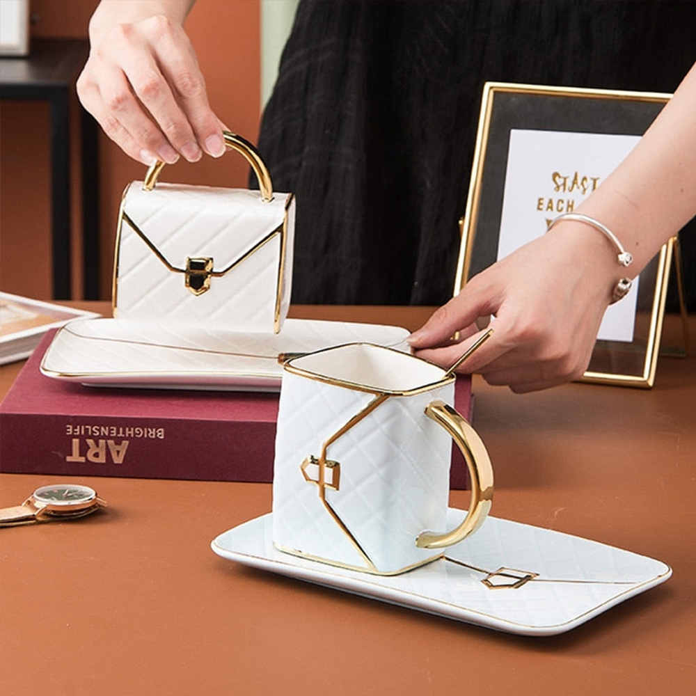 Handbag-Shaped Creative Mug With Saucer & Spoon