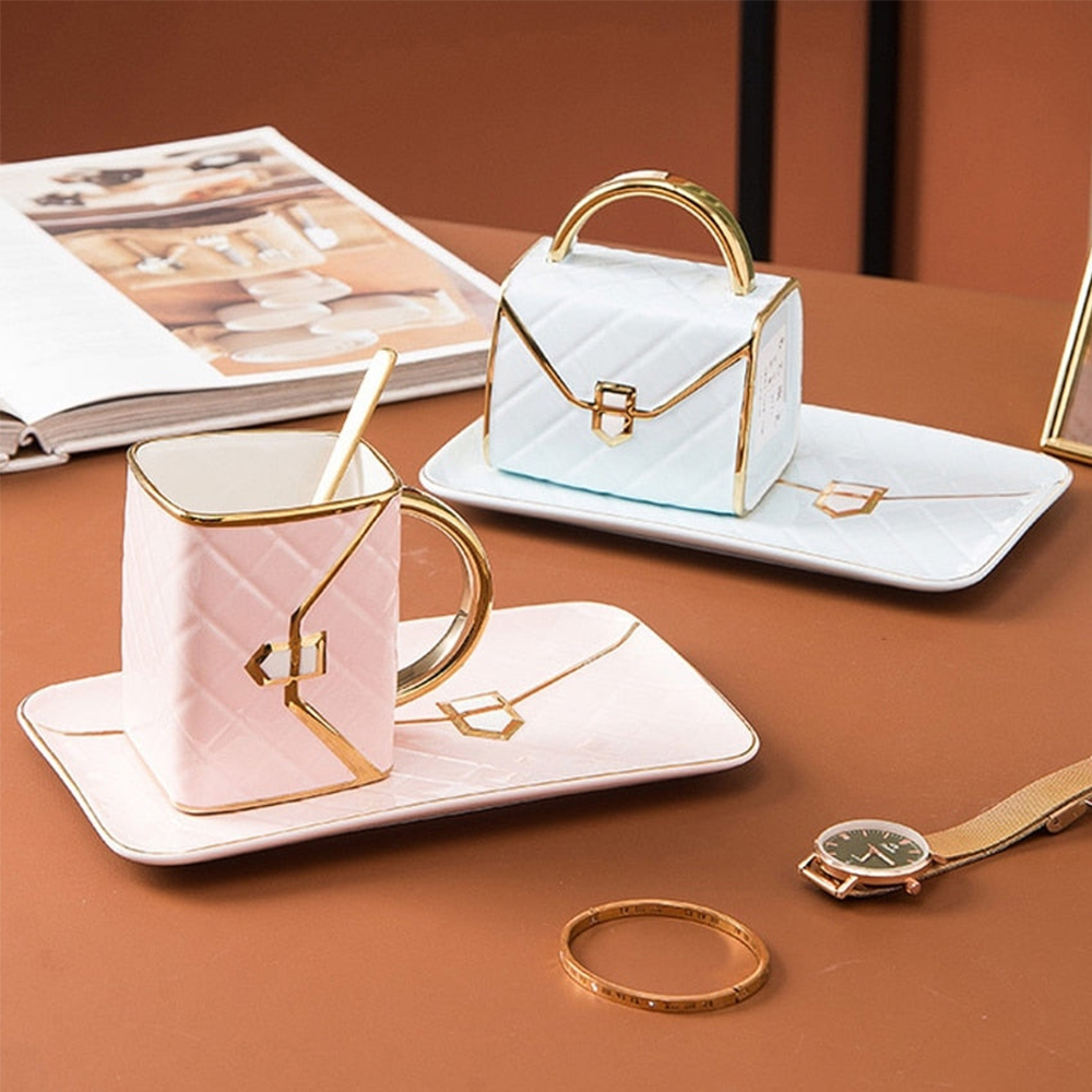 Handbag-Shaped Creative Mug With Saucer & Spoon