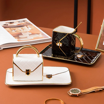 Handbag-Shaped Creative Mug With Saucer & Spoon