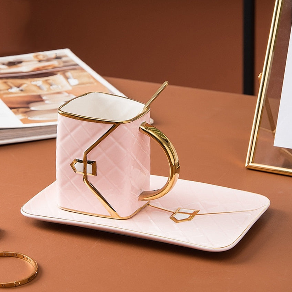 Handbag-Shaped Creative Mug With Saucer & Spoon