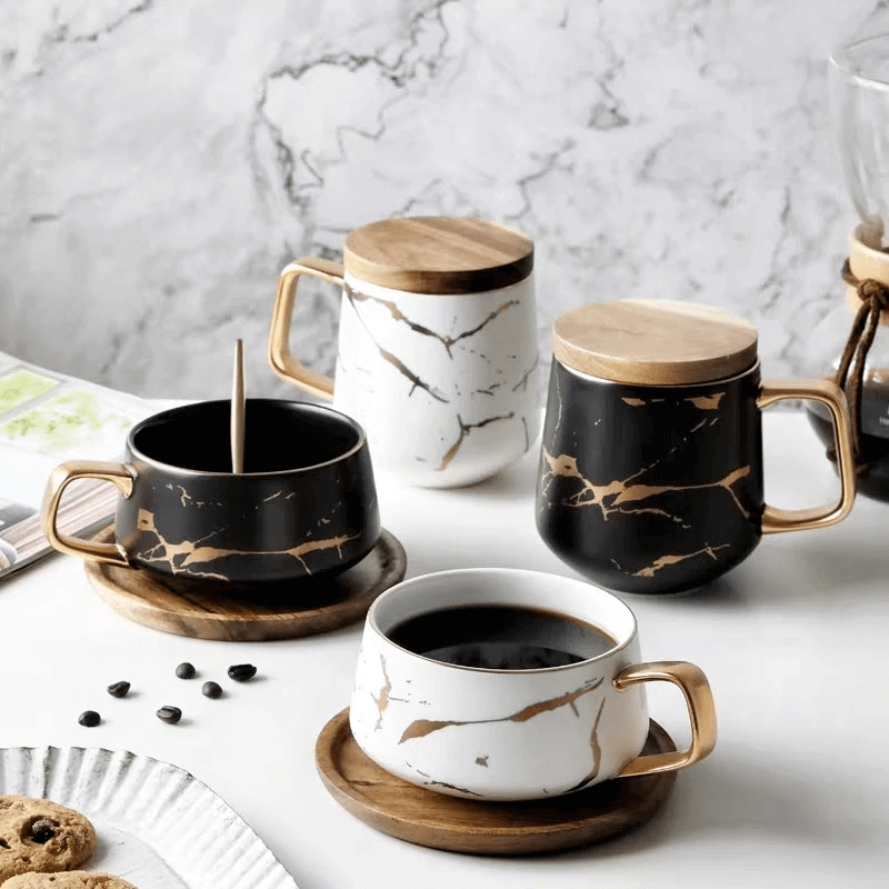 Marble Pattern Coffee Mug With Gold Inlay