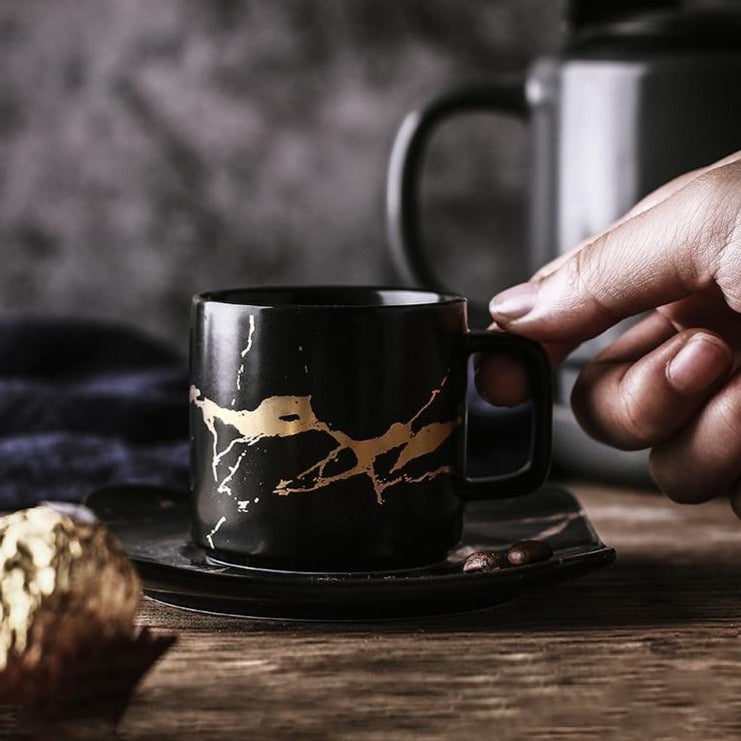 Light Luxury Gold-Painted Marble Pattern Ceramic Cup Coffee Cup Mug Saucer Set