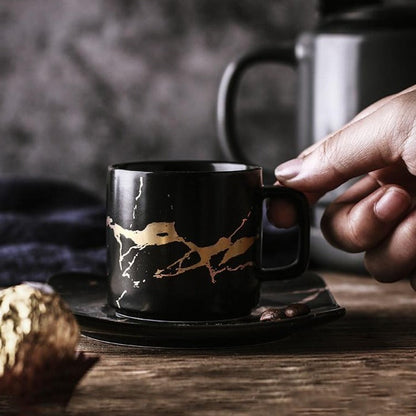Light Luxury Gold-Painted Marble Pattern Ceramic Cup Coffee Cup Mug Saucer Set